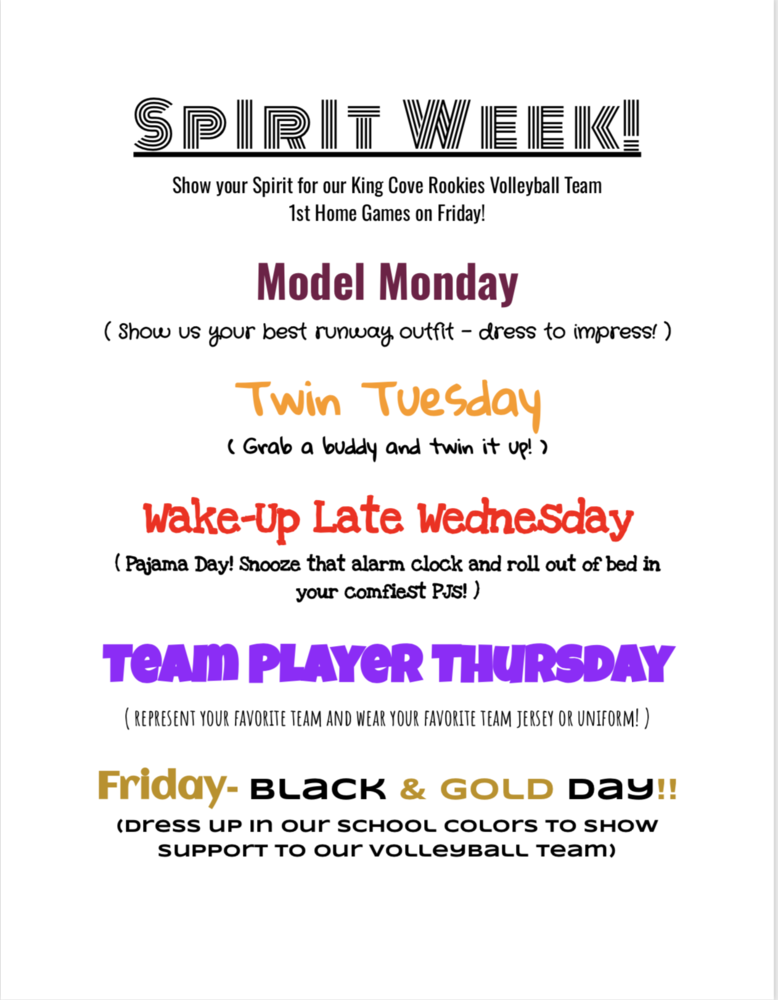 Next Week is Spirit Week at King Cove School!
