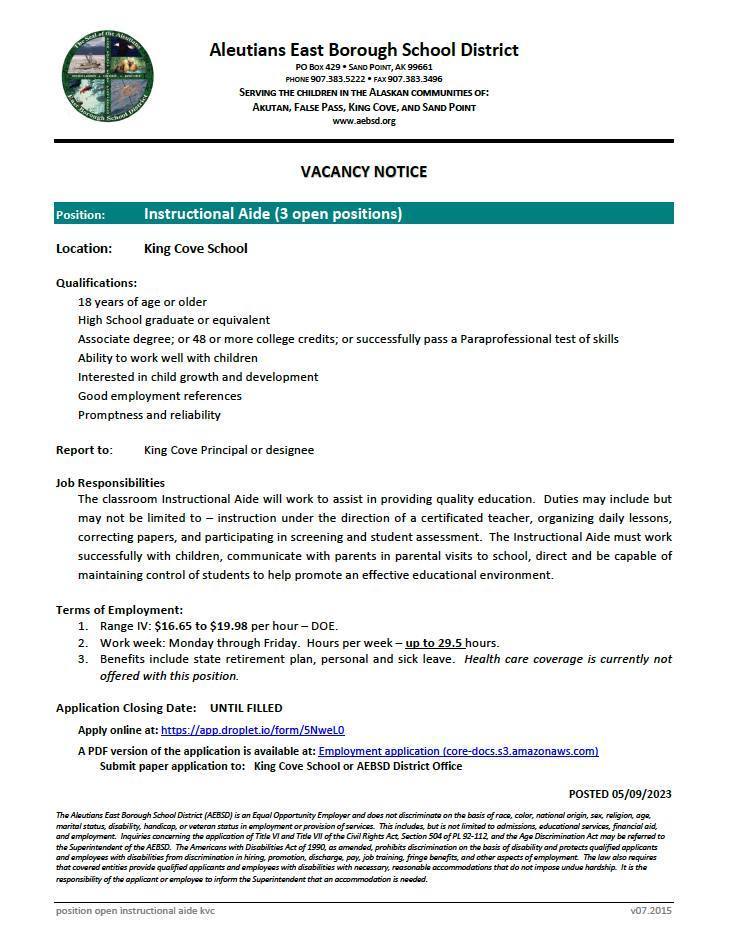 King Cove School Instructional Aide- (3) Open Positions